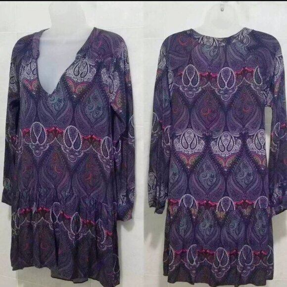 Sanctuary ✦ Purple Paisley Boho Mini Dress ✦ V-Neck w/ Tiered Hem & Long Sleeves - Picture 9 of 11